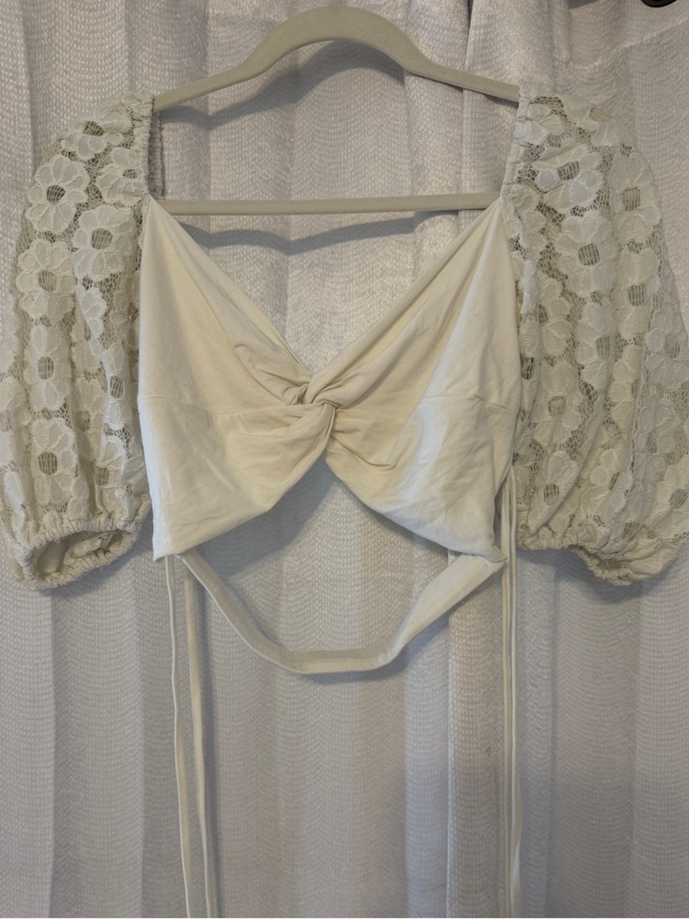 Cream Lace Puff-Sleeve Twist Front Crop Top